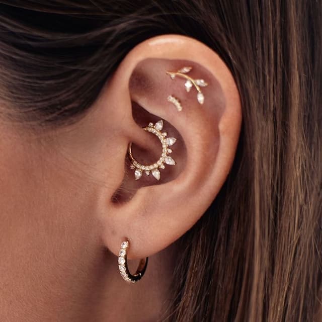 Various ear piercings such as lobe, helix, and tragus.